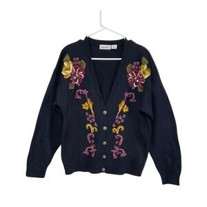 VTG 90s Floral Embroidered Button-Up Blue Cardigan Sweater Womens Size Large